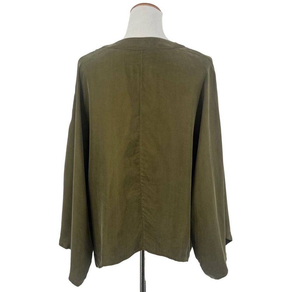 Free People Boho Kimono Jacket | Olive Green Flowy Duster Open Front Cottagecore - Picture 9 of 15